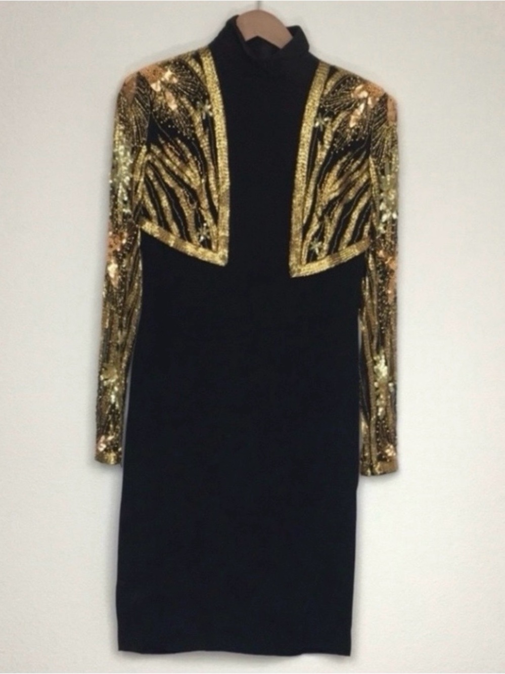 Vintage 80's Bob Mackie Evening Bolero Black Gold Beaded Dress Size 6 Glam Retro